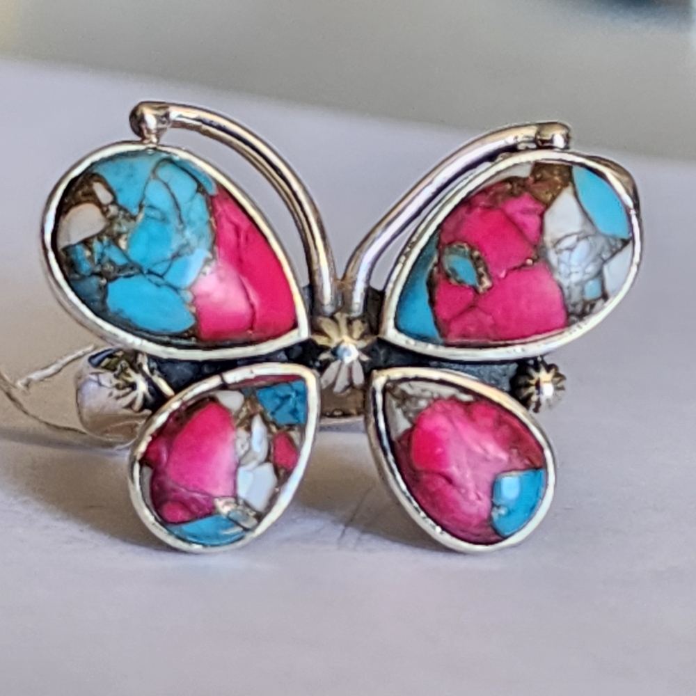 Butterfly Design Sterling Silver Blue Pink Cotton Candy Southwestern Ring Sz 10